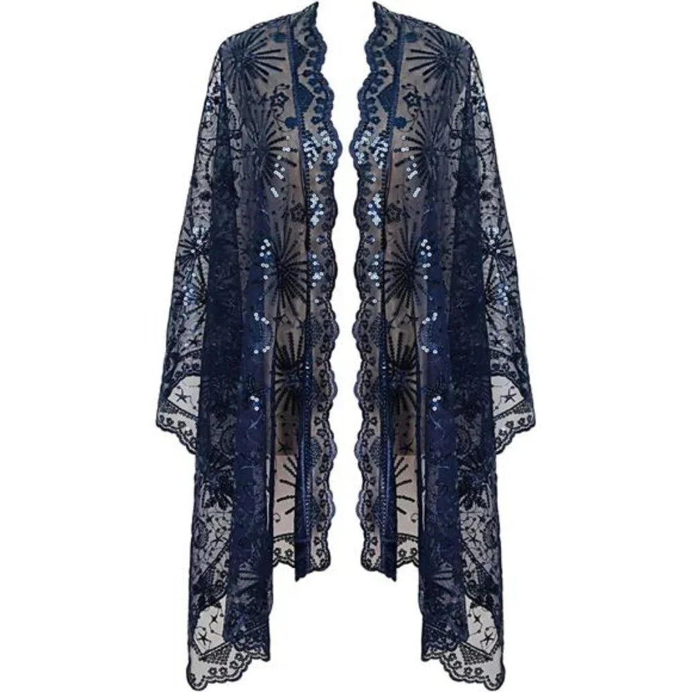 Boho Navy‎ Blue Moon & Star Sheer Mesh Sequin Embellished Shawl Wrap Scarf